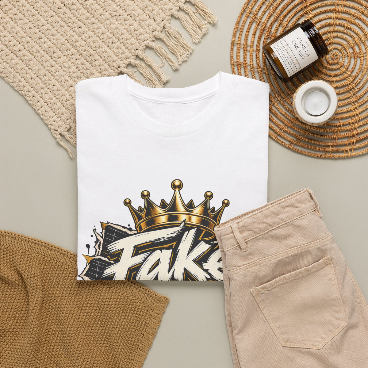 T-Shirt — 'Fake Stats' Gold Crown Graphic Tee (Streetwear, Social Media Creator Merch)