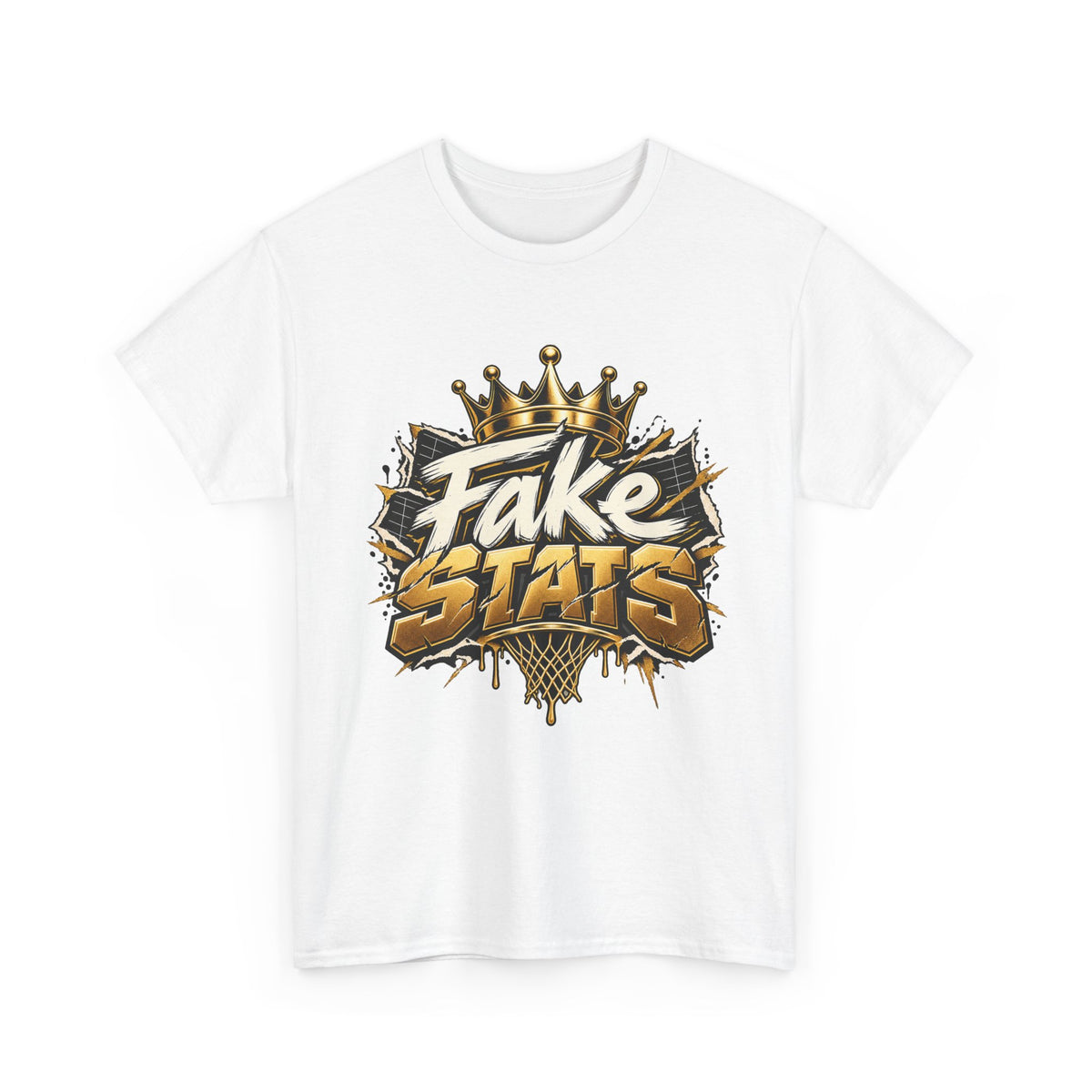 T-Shirt — 'Fake Stats' Gold Crown Graphic Tee (Streetwear, Social Media Creator Merch)